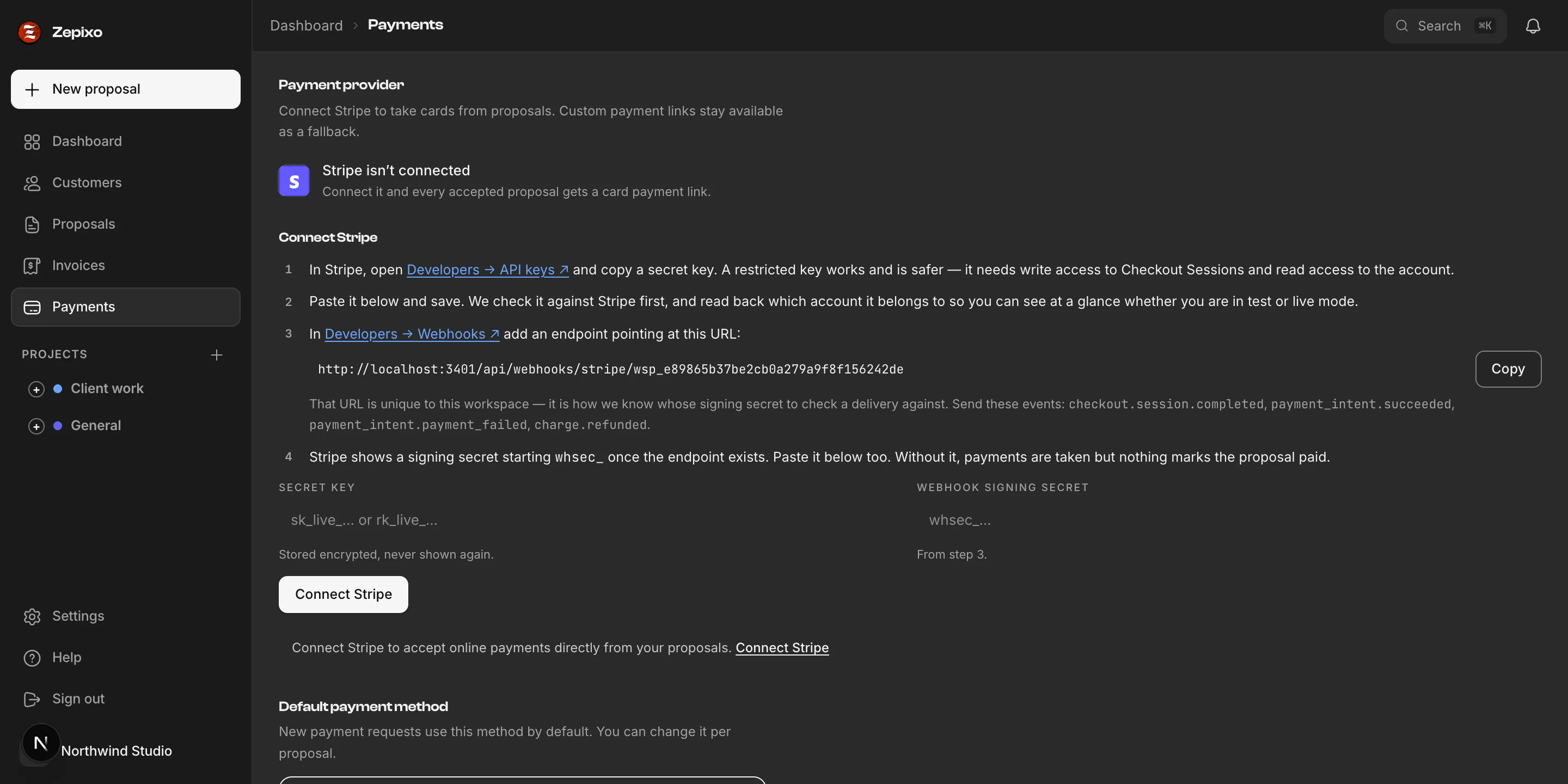 The payments screen, listing money collected through the workspace's own Stripe account.