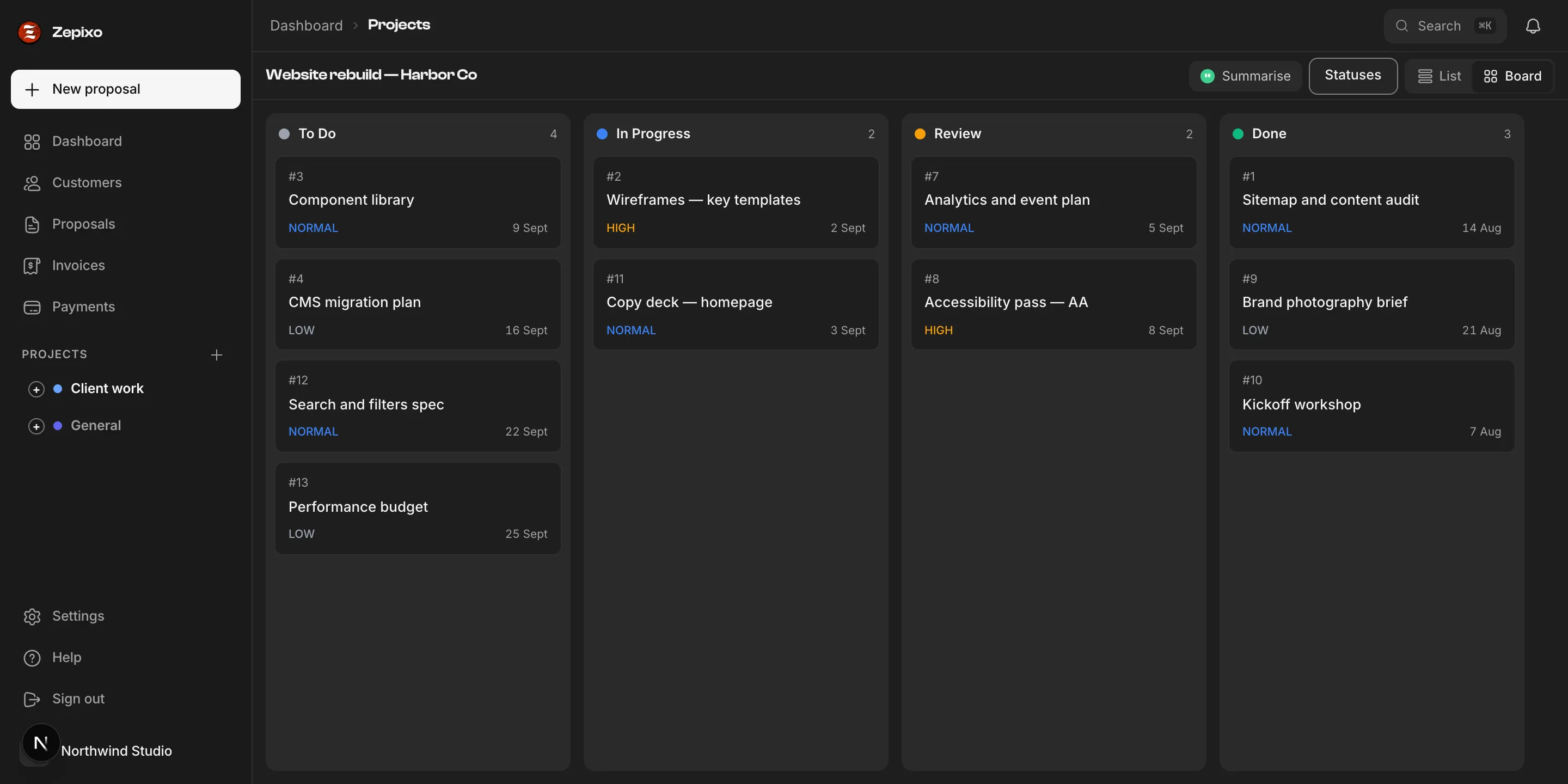 A project board with tasks in To Do, In Progress, Review and Done.